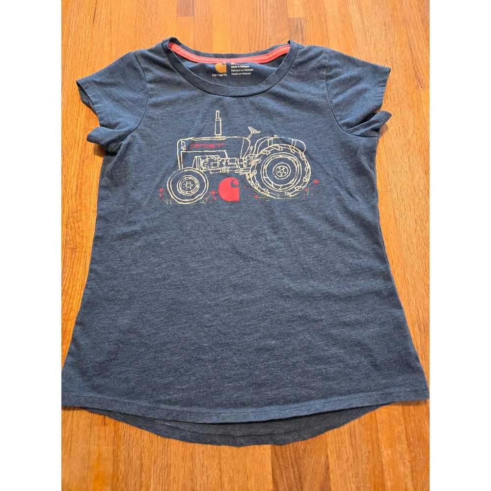Carhartt Girls S(8) Dark Blue Denim Heathered Tractor Farm Graphic Crew Neck Tee